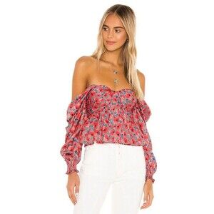 House Of Harlow 1960 Revolve Burna Blouse Size Large Floral Satin Off Shoulder